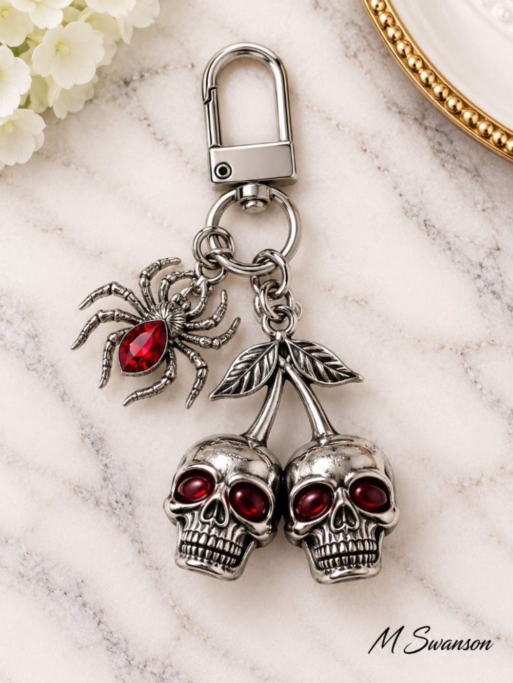 Silver Skull Cherry Spider Bag Charm Keychain Red Rhinestone NWT
